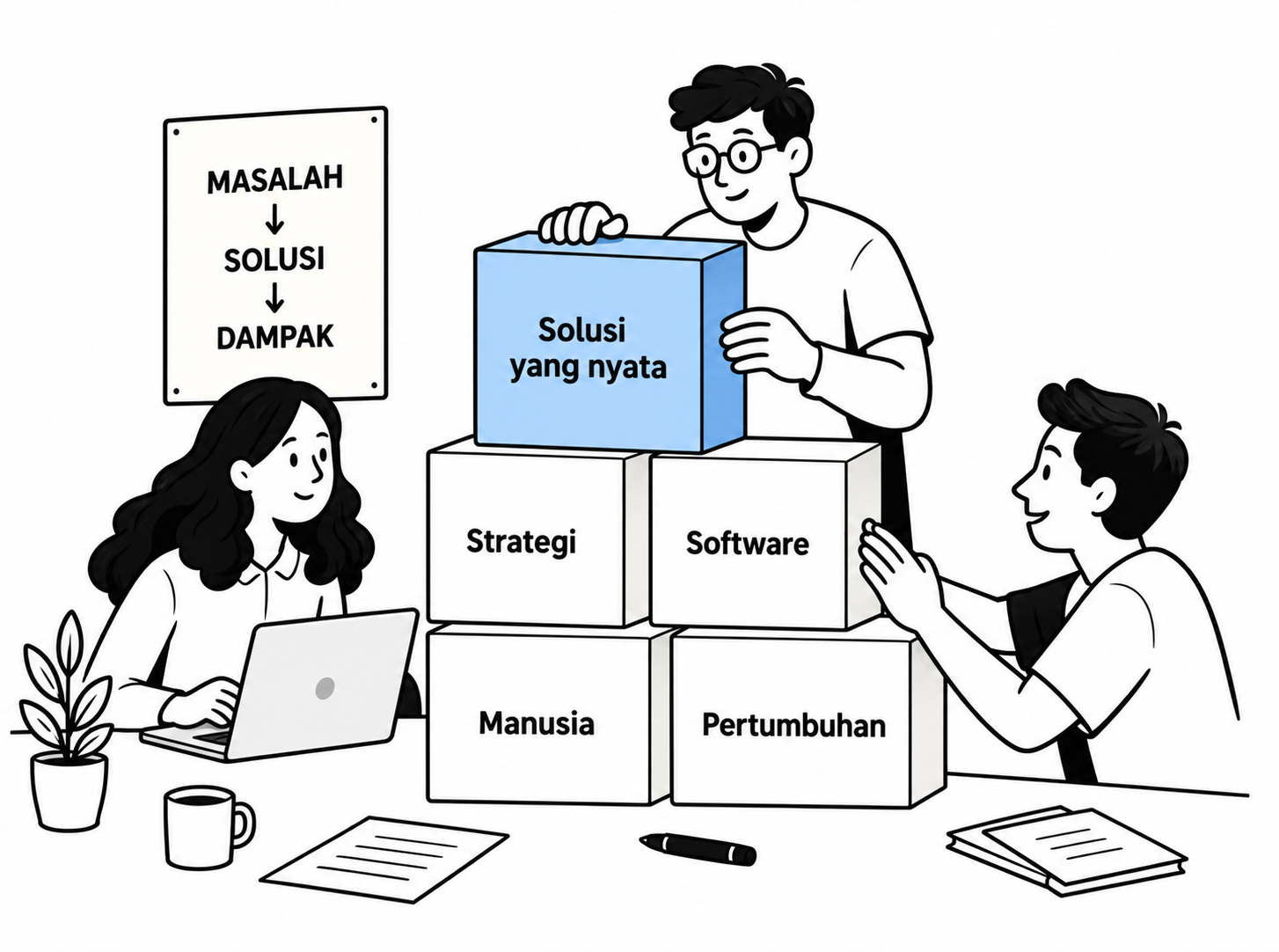 Tim Tawakka menyusun kotak bertuliskan Strategi, Desain, Teknologi, Kolaborasi, dan Solusi