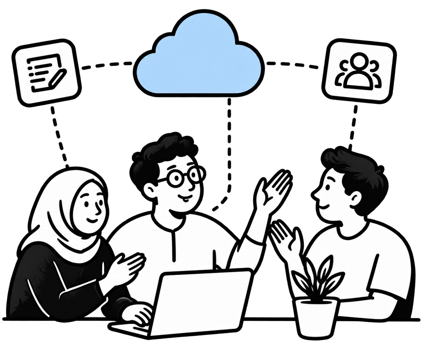 Tiga rekan bekerja sama dengan teknologi yang menghubungkan mereka
